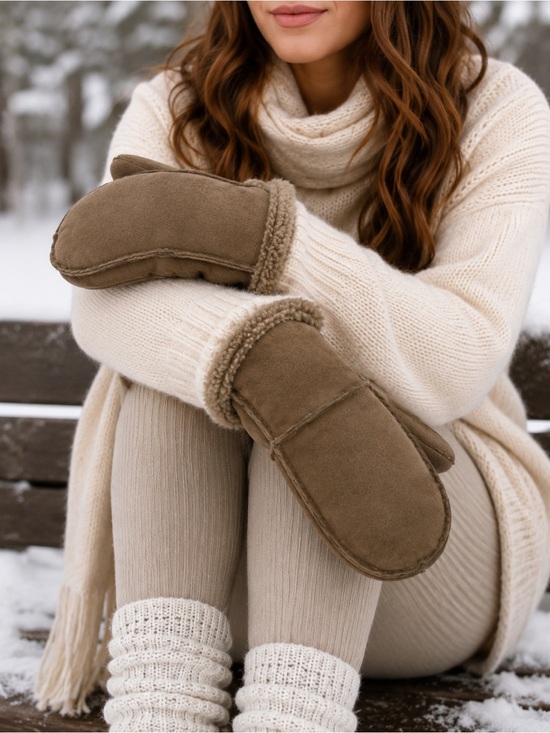 L.L. Bean Accessories - L.L. Bean Women's Brown Shearling-Lined Suede Mittens L/XL